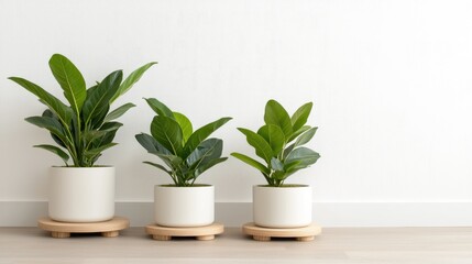 Fototapeta premium Minimalist Plants on Wood Planters Against White Wall