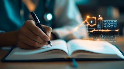 A person is writing in a notebook, with digital graphs and data overlays, symbolizing the blend of traditional note-taking and modern analytics.