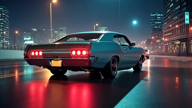 Vintage muscle car on the night street with neon light. 80s styled synthwave retro scene with powerful drive in evening