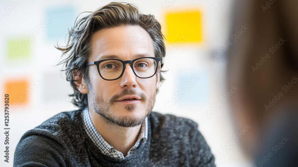 Poster man with glasses and wavy hair is engaged in conversation, displaying thoughtful expression. backgro