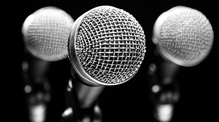 Three microphones on stage, dark background, music event, broadcast