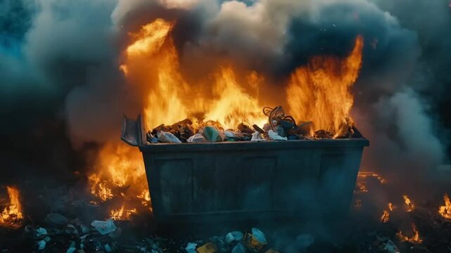 Scene of Burning trash in a dumpster emits thick smoke , smooth repeating motion for background video animation