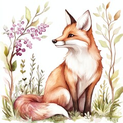 Obraz premium A beautiful fox sits gracefully amid colorful foliage and delicate flowers, showcasing its vibrant fur and captivating expression.