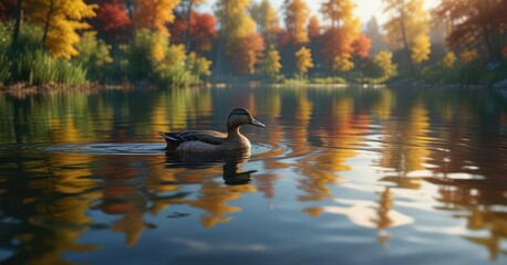 A lone duck swims along the lake's surface, its beak poking above the water, natural beauty, nature, water droplets