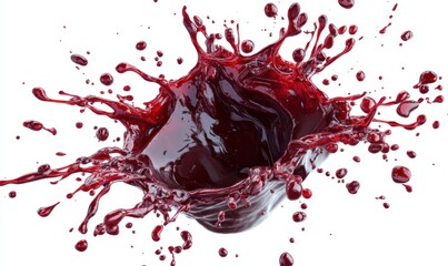 Red liquid splash, dynamic motion, white background, food or drink advertising