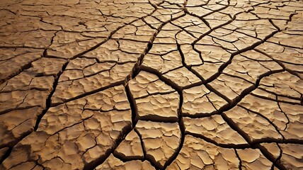 A Detailed texture of a cracked desert floor, with deep, sun-baked fissures forming a mosaic-like pattern across the dry earth, illuminated by the harsh sunlight.