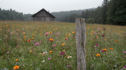 Obraz premium Rustic cabin in a meadow of wildflowers on a cloudy day