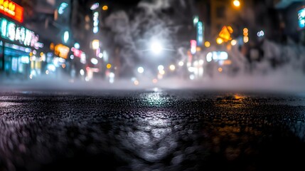 Obraz premium Night City Street Scene With Wet Road And Blurry Lights