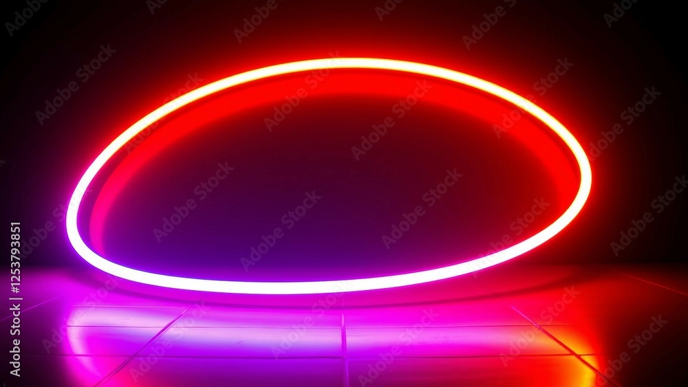 Poster vibrant neon arrow forming a circular loop glowing brightly against a dark background its reflection
