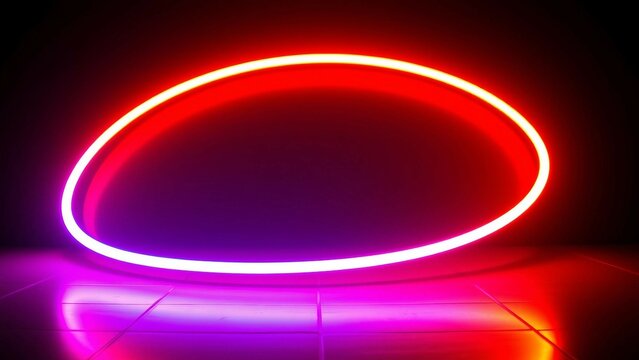 Vibrant neon arrow forming a circular loop glowing brightly against a dark background Its reflection