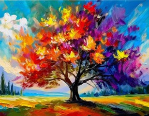 Painting of a tree with colorful flowers in the autumn season. Oil color painting.