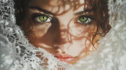 Enigmatic Gaze: A Woman's Face Partially Hidden by Lace
