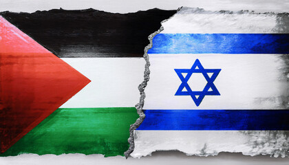 The flags of Palestine and Israel torn apart, symbolizing the ongoing conflict. Generative AI