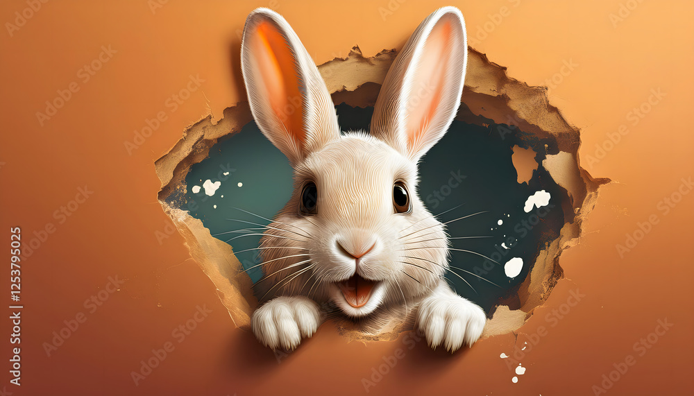 Poster a white rabbit with brown spots peers through a torn hole in an orange background, creating a playfu