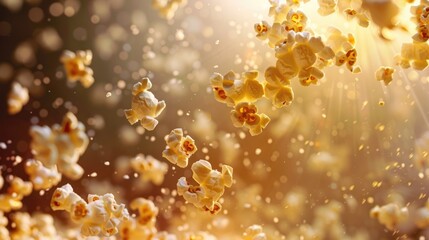 Flying popcorn kernels captured in motion with soft focus and delicate details, food background