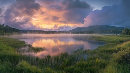 Serene sunrise over misty mountain lake