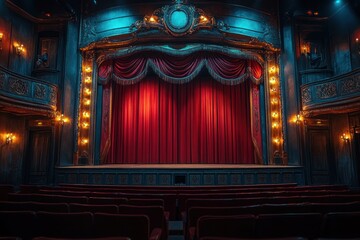Red Velvet Theater Curtain on Stage with Vintage Lighting