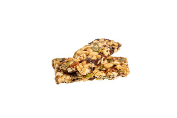 Muesli bar with nuts and seeds on transparent background png format. Two pieces of granola bars on a white background.