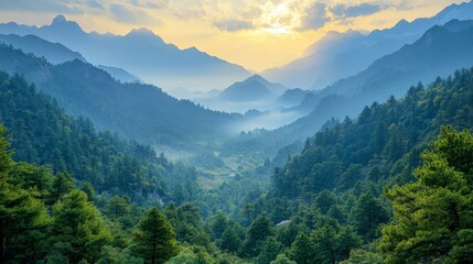 Obraz premium Serene Mountain Vista: Layers of Blue-Tinted Peaks, Green Forests, and a Radiant Sun Bursting Through the Clouds in a Breathtaking Landscape.