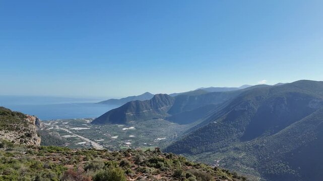 Aerial view of the cliff and city of Leonidio, Peloponnese, Greece. Sunny day