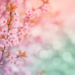Fototapeta premium Delicate pink cherry blossoms in full bloom on a branch, set against a soft, pastel-colored bokeh background, creating a serene and dreamy atmosphere. Generative AI