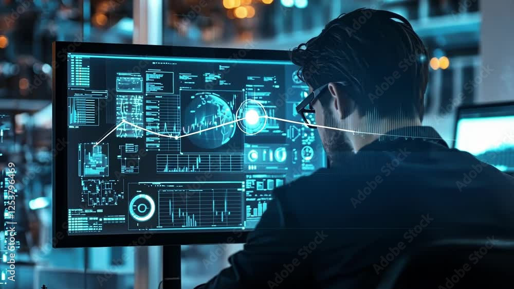 Poster software developer is working at night on a computer with a futuristic interface showing a globe, ch