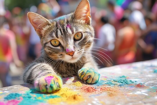 Playful cat covered in vibrant gulal powder during lively Holi c