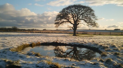 Winter Landscape,  Solitary Tree Reflected in Snowy Puddle