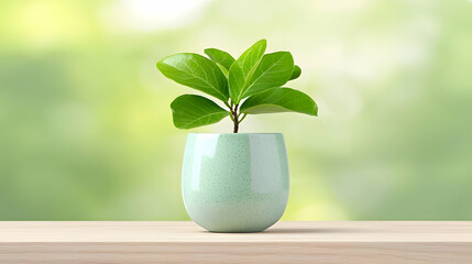 Green plant in pot on wooden table, blurred nature background