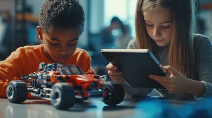 Multiracial school kids students making robotic cars using tablet computer. Diverse junior children pupils building robot vehicle learning at table at STEM code ai engineering science education class