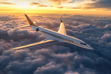 A sleek private jet soaring above the clouds at sunset, captured aerially, emphasizing luxury and freedom in business travel against a backdrop of warm sunlight.