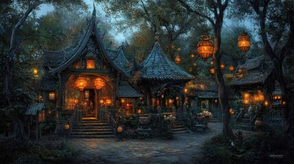 Obraz premium Enchanting Forest Inn at Dusk.