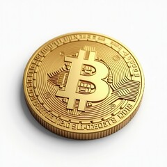 Close-Up of a Detailed Bitcoin Coin in Shimmering Gold Finish on a White Background, Ideal for Representing Cryptocurrency Themes, Digital Investment, and Modern Finance Concepts
