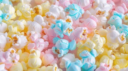 Fototapeta premium Colorful pastel popcorn in pink, blue and yellow colors arranged in flat lay background