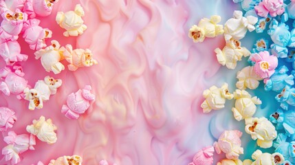 Colorful pastel popcorn in pink, blue and yellow colors arranged in flat lay background