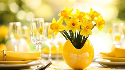 Beautiful Yellow Daffodils in Vase Spring Table Setting