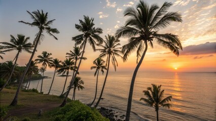 A cluster of palm trees with leaves rustling together in the ocean air as the sun sets over the water, beach, golden hour, warm light, palms, waves