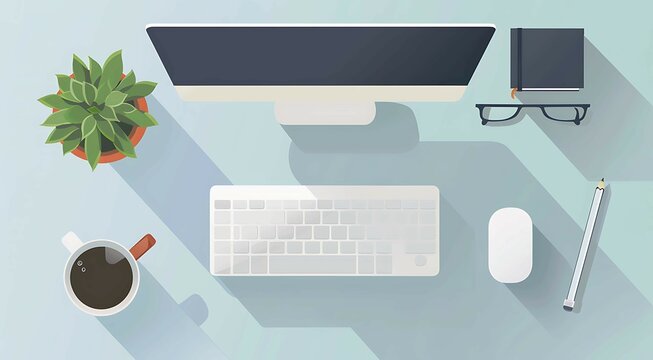 Organized Workspace: Flat lay of a minimalist workspace featuring a computer, keyboard, mouse, coffee cup, plant, glasses, and notebook.  Clean lines and long shadows create a modern aesthetic. 