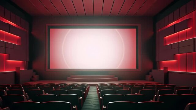 Cinema theater with movie scene on wide screen and empty chairs in the cinema hal