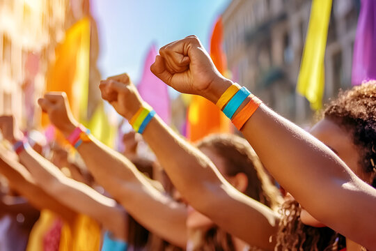 Diverse group of people at a colorful protest with raised fists and rainbow bracelets