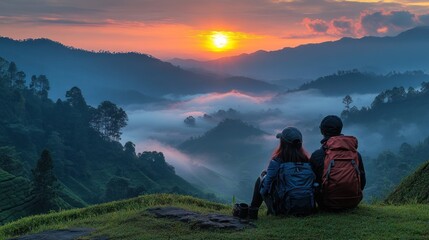 Fototapeta premium Couple watching sunrise over misty mountains.