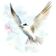 Fototapeta premium A graceful white bird soars through a soft, colorful sky, wings spread wide, embodying freedom and tranquility.