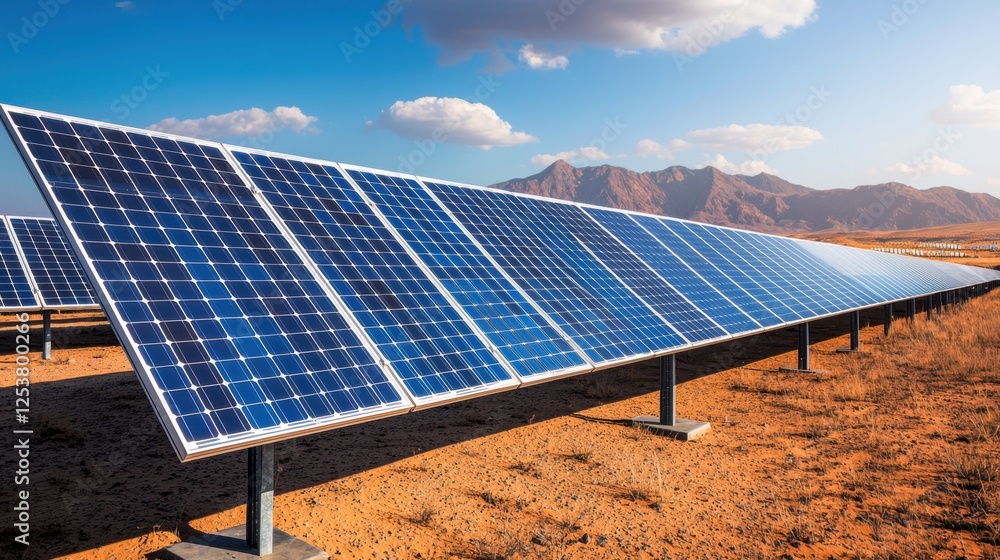 Poster a solar panel array stands in a desert landscape, capturing sunlight with mountains in the backgroun