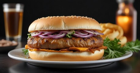 A classic cheeseburger on a glass plate with an elegant dark background, garnished with chopped chives and served with crispy onion rings, gourmet, food