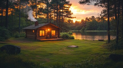 Cozy log cabin by lake at sunset.