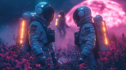 Astronauts exploring a vibrant alien landscape under a glowing moon.
