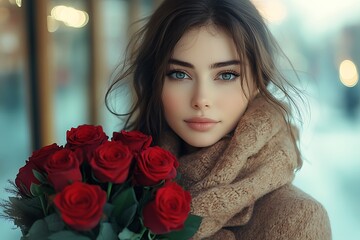 Person Holding a Bouquet of Red Roses with a Cozy Beige Scarf