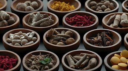 Assortment Of Medicinal Herbs And Spices In Wooden Bowls