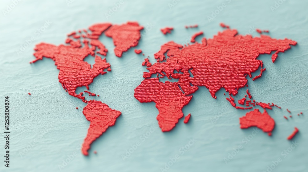 Poster a red textured world map on a soft blue background, creating a striking visual contrast and emphasiz