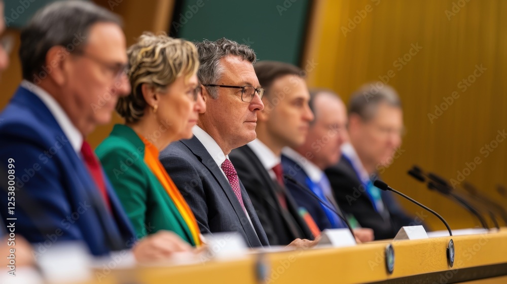 Poster a group of professionals seated in a formal setting, engaged in discussion. they display a range of 